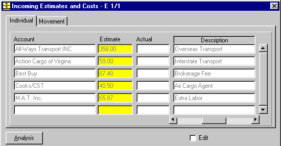 Your Job and or Movement Costs are entered here