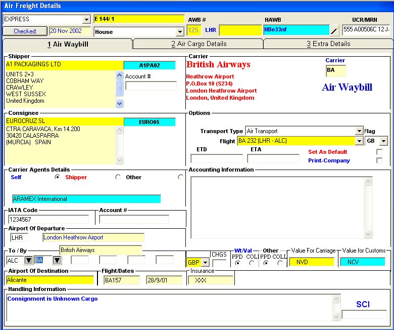 Air Freight Details Screen Image